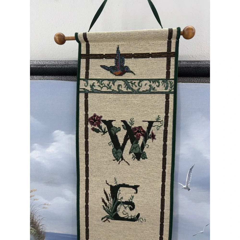 Vintage Woven Tapestry Welcome Wall Hanging Floral Hummingbird Vertical Scroll